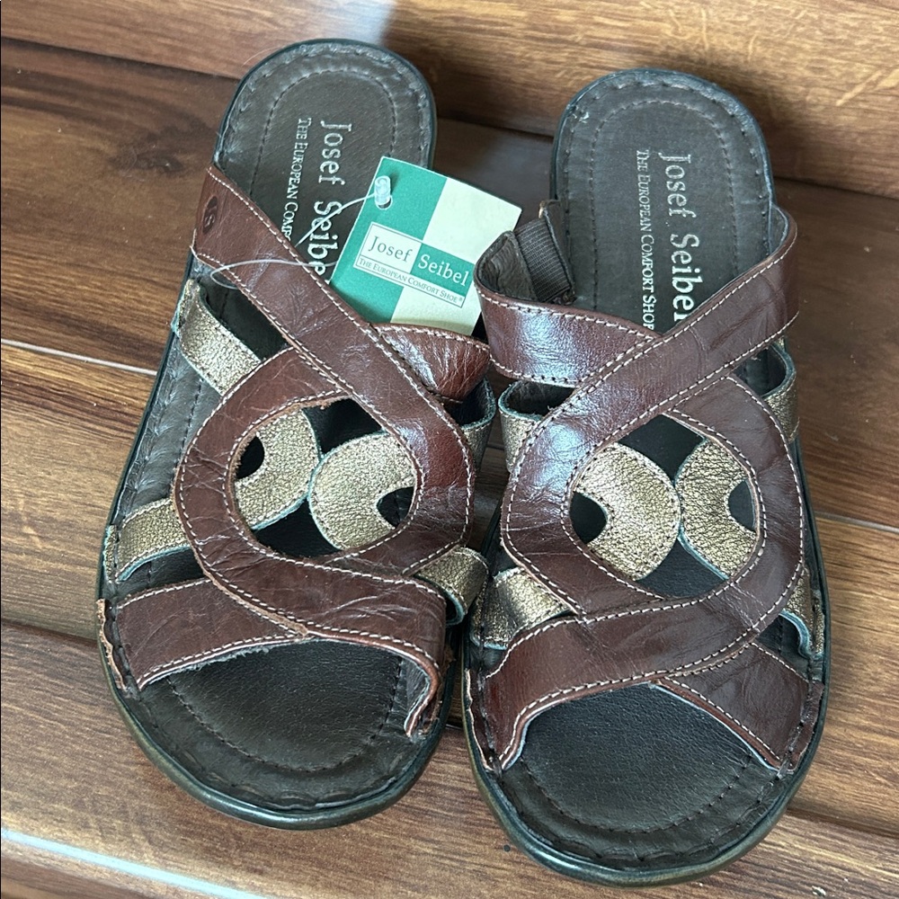 Josef Seibel Brown and Gold Slide Sandals